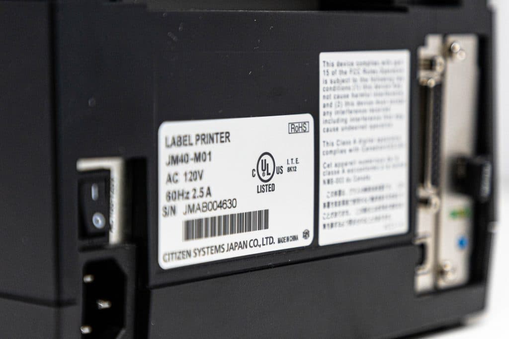 electronics ul listed compliance label on back of printer
