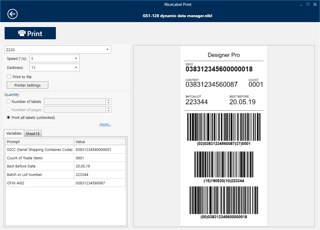 nicelabel printing screen