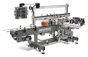 CP1000 fully automatic contract packaging label applicator. Front and back labeling of flat, oval or round products up to 1500 inches per minute