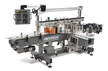 CP2000 fully automatic contract packaging label applicator. Front and back labeling of flat, oval or round products up to 3000 inches per minute